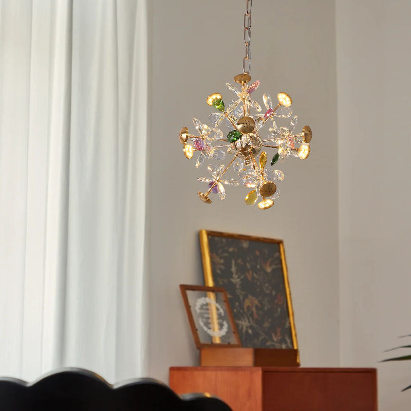 Zeitgenössischer luxuriöser kugelförmiger Löwenzahn-förmiger Eisenkristall-LED-Kronleuchter für das Wohnzimmer 