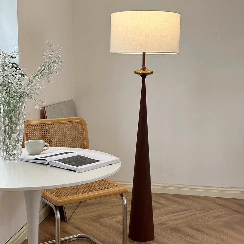 Traditional Japanese Cylindrical Conical Iron Fabric 1-Light Standing Floor Lamp For Living Room