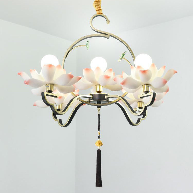 Traditional Chinese Lotus-shaped Round Spherical Iron Acrylic 1/3/5/7 Light Chandelier For Bedroom