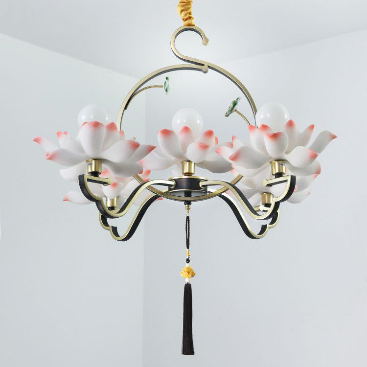 Traditional Chinese Lotus-shaped Round Spherical Iron Acrylic 1/3/5/7 Light Chandelier For Bedroom