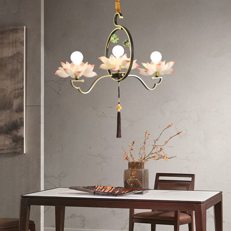 Traditional Chinese Lotus-shaped Round Spherical Iron Acrylic 1/3/5/7 Light Chandelier For Bedroom