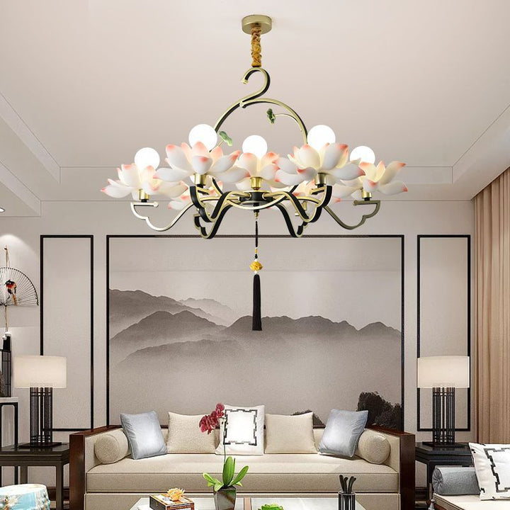 Traditioneller chinesischer Lotosförmiger runder kugelförmiger Eisen-Acryl 1/3/5/7 Licht Kronleuchter für das Schlafzimmer 