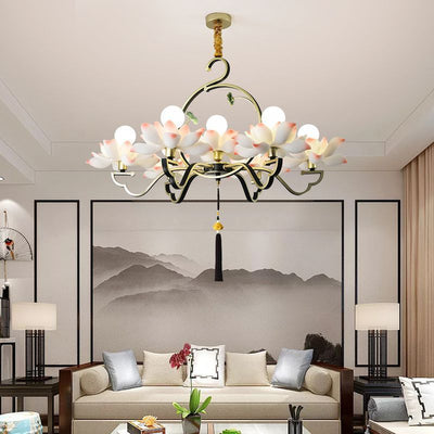 Traditional Chinese Lotus-shaped Round Spherical Iron Acrylic 1/3/5/7 Light Chandelier For Bedroom