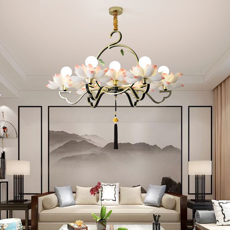 Traditional Chinese Lotus-shaped Round Spherical Iron Acrylic 1/3/5/7 Light Chandelier For Bedroom