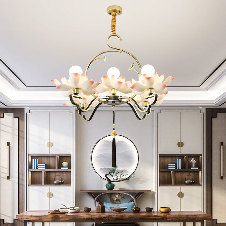 Traditional Chinese Lotus-shaped Round Spherical Iron Acrylic 1/3/5/7 Light Chandelier For Bedroom
