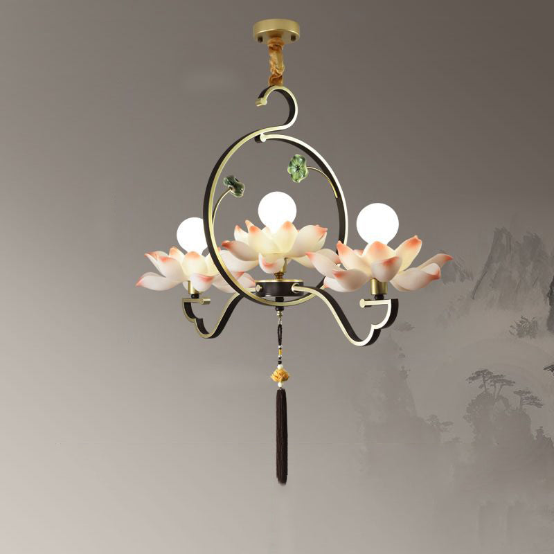 Traditional Chinese Lotus-shaped Round Spherical Iron Acrylic 1/3/5/7 Light Chandelier For Bedroom