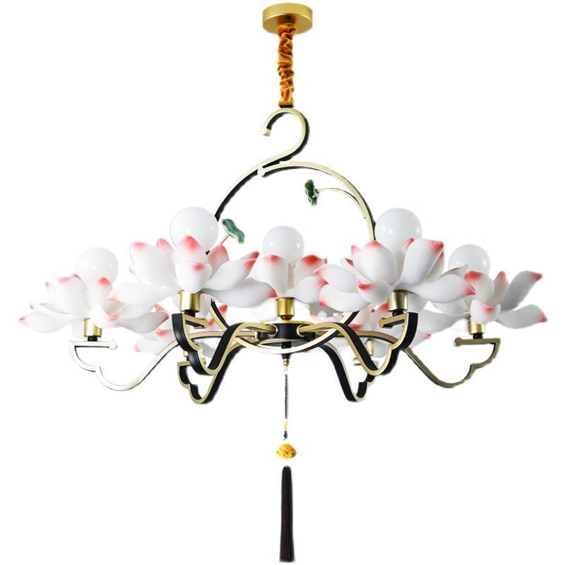 Traditional Chinese Lotus-shaped Round Spherical Iron Acrylic 1/3/5/7 Light Chandelier For Bedroom