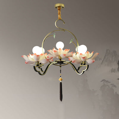 Traditional Chinese Lotus-shaped Round Spherical Iron Acrylic 1/3/5/7 Light Chandelier For Bedroom