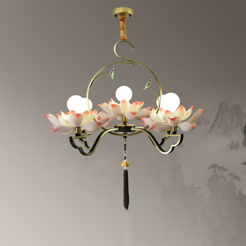 Traditional Chinese Lotus-shaped Round Spherical Iron Acrylic 1/3/5/7 Light Chandelier For Bedroom