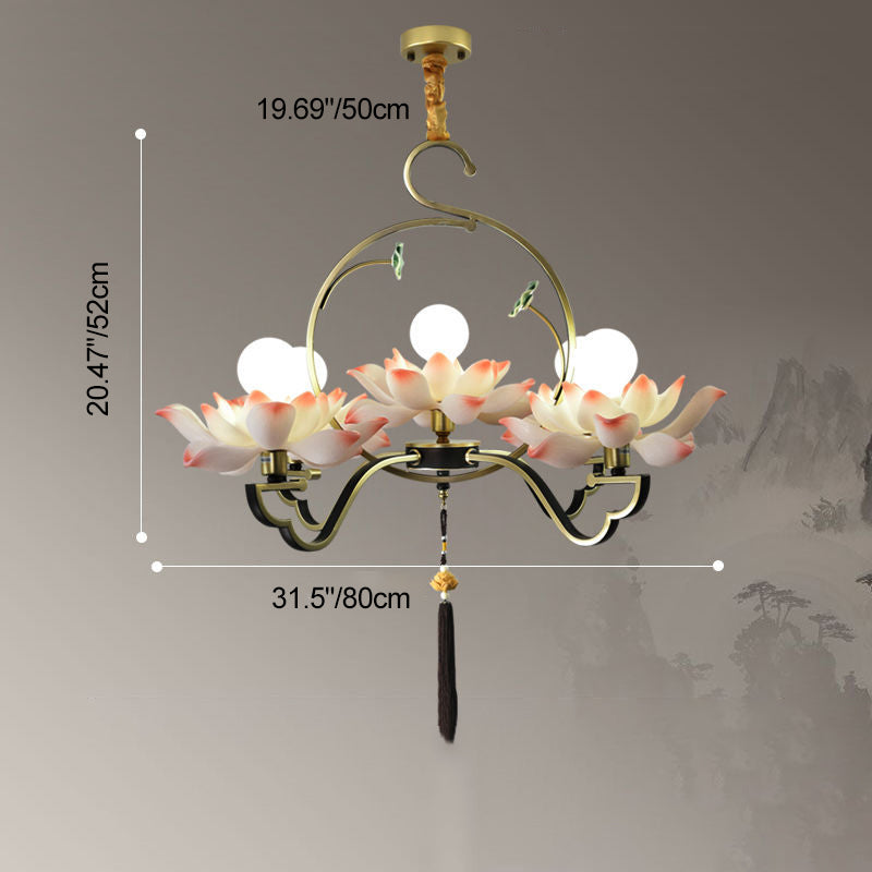 Traditional Chinese Lotus-shaped Round Spherical Iron Acrylic 1/3/5/7 Light Chandelier For Bedroom