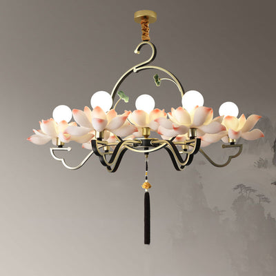 Traditional Chinese Lotus-shaped Round Spherical Iron Acrylic 1/3/5/7 Light Chandelier For Bedroom