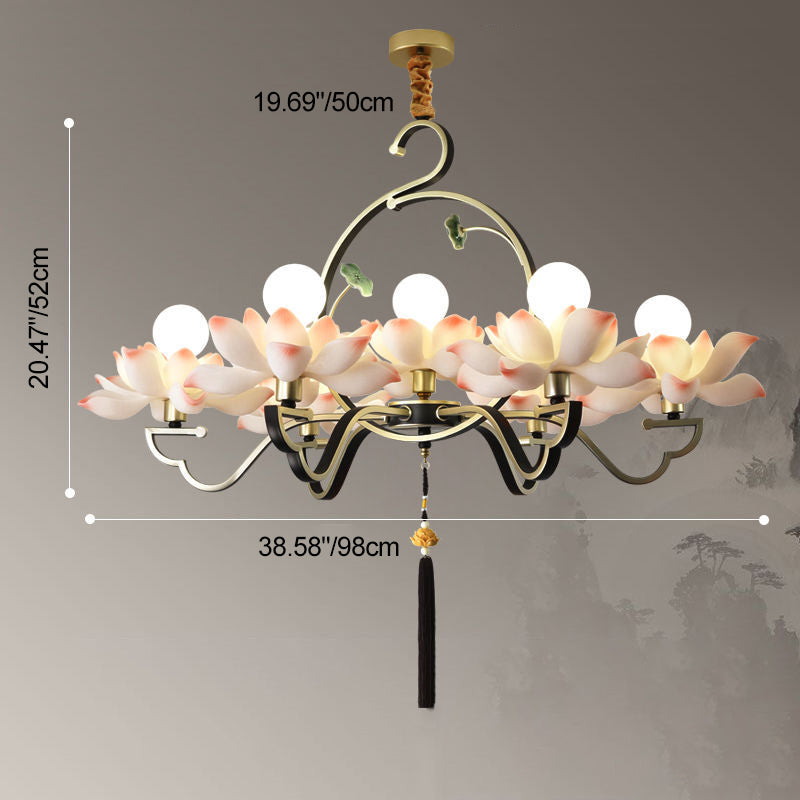 Traditional Chinese Lotus-shaped Round Spherical Iron Acrylic 1/3/5/7 Light Chandelier For Bedroom