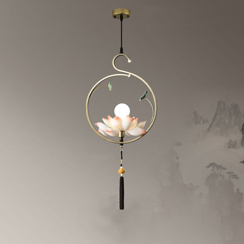 Traditional Chinese Lotus-shaped Round Spherical Iron Acrylic 1/3/5/7 Light Chandelier For Bedroom