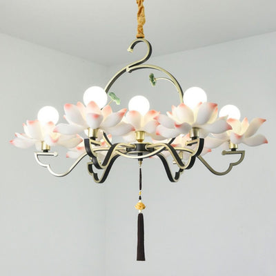 Traditional Chinese Lotus-shaped Round Spherical Iron Acrylic 1/3/5/7 Light Chandelier For Bedroom