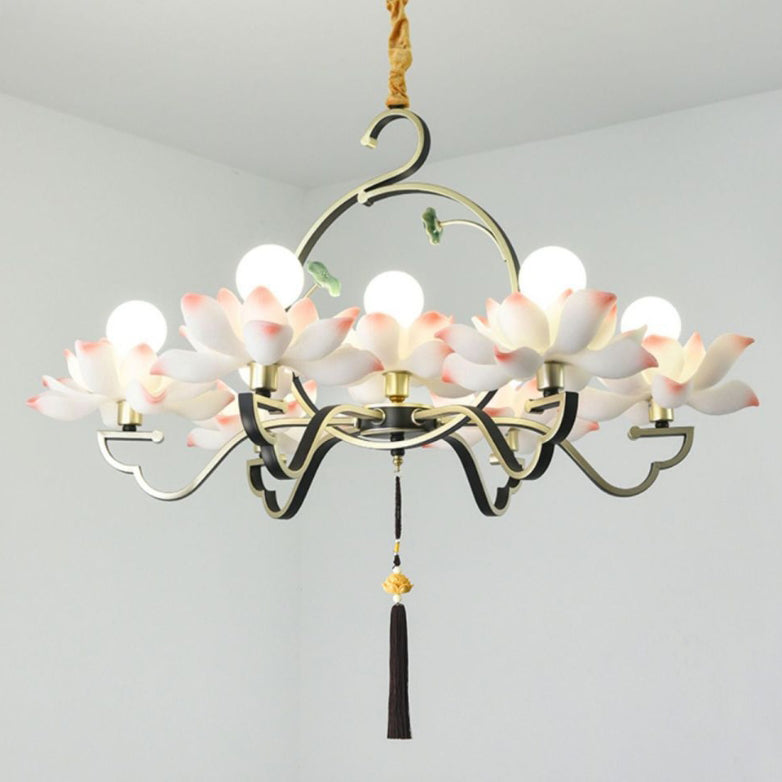 Traditional Chinese Lotus-shaped Round Spherical Iron Acrylic 1/3/5/7 Light Chandelier For Bedroom