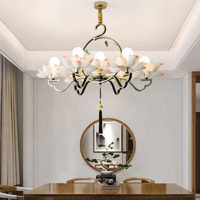 Traditional Chinese Lotus-shaped Round Spherical Iron Acrylic 1/3/5/7 Light Chandelier For Bedroom