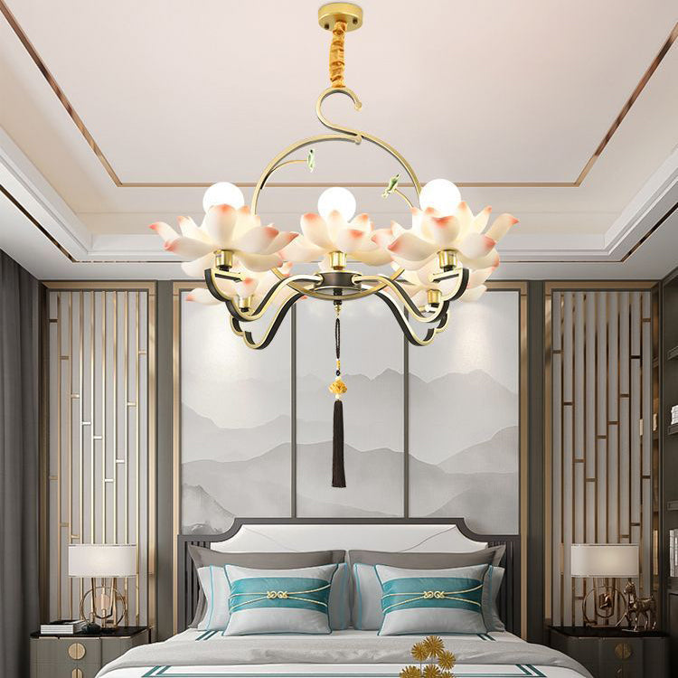 Traditional Chinese Lotus-shaped Round Spherical Iron Acrylic 1/3/5/7 Light Chandelier For Bedroom