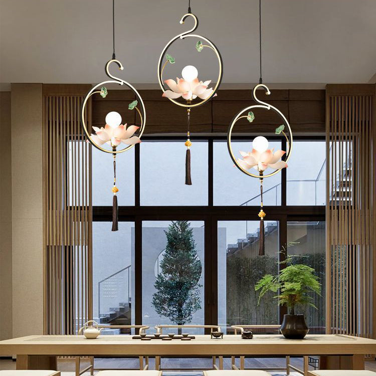Traditional Chinese Lotus-shaped Round Spherical Iron Acrylic 1/3/5/7 Light Chandelier For Bedroom
