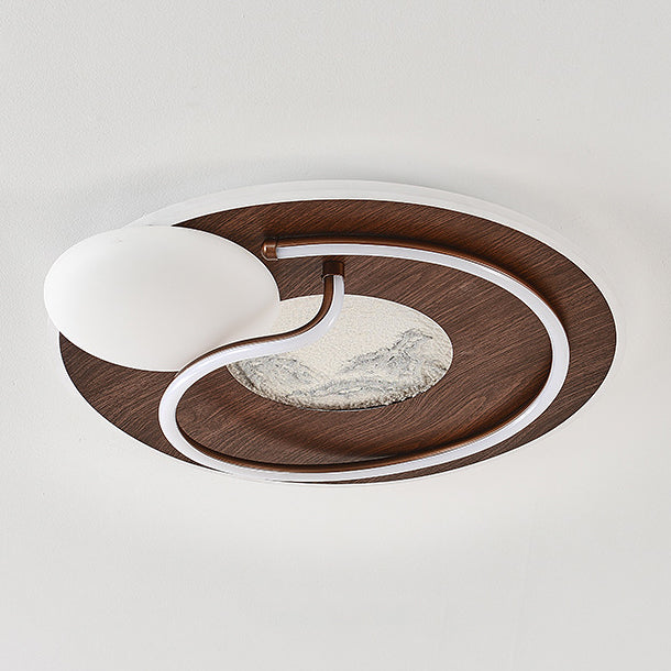 Traditional Chinese Round Rectangular Landscape Painting Iron Acrylic LED Flush Mount Ceiling Light For Bedroom