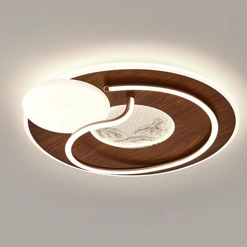 Traditional Chinese Round Rectangular Landscape Painting Iron Acrylic LED Flush Mount Ceiling Light For Bedroom