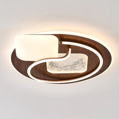 Traditional Chinese Round Rectangular Landscape Painting Iron Acrylic LED Flush Mount Ceiling Light For Bedroom