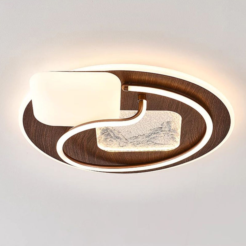 Traditional Chinese Round Rectangular Landscape Painting Iron Acrylic LED Flush Mount Ceiling Light For Bedroom