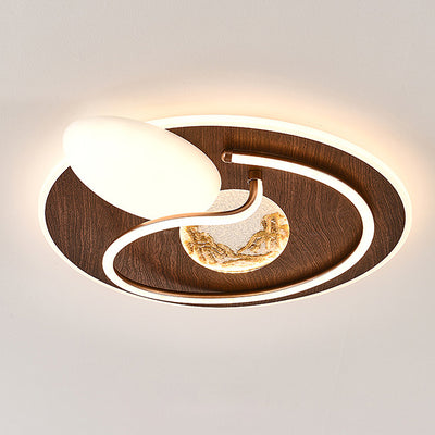 Traditional Chinese Round Rectangular Landscape Painting Iron Acrylic LED Flush Mount Ceiling Light For Bedroom