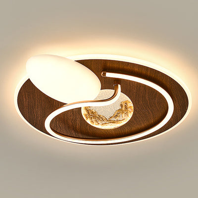 Traditional Chinese Round Rectangular Landscape Painting Iron Acrylic LED Flush Mount Ceiling Light For Bedroom