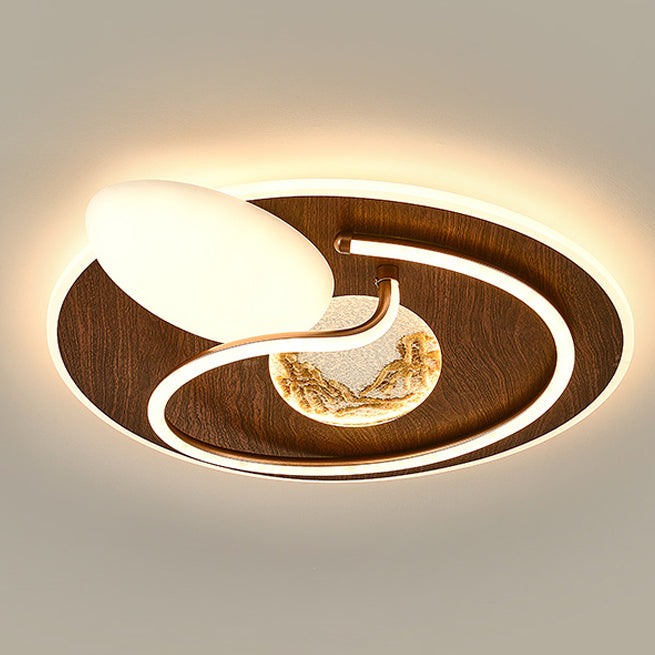 Traditional Chinese Round Rectangular Landscape Painting Iron Acrylic LED Flush Mount Ceiling Light For Bedroom