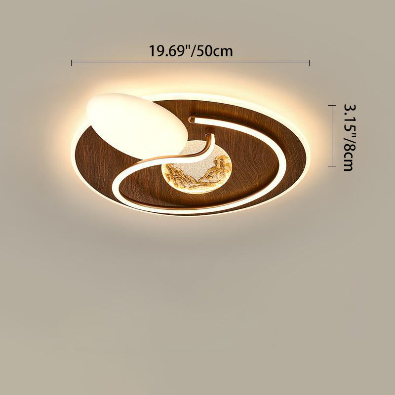 Traditional Chinese Round Rectangular Landscape Painting Iron Acrylic LED Flush Mount Ceiling Light For Bedroom