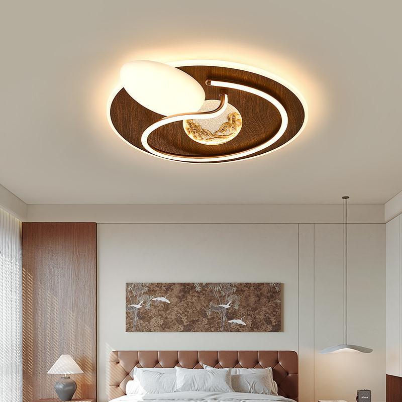 Traditional Chinese Round Rectangular Landscape Painting Iron Acrylic LED Flush Mount Ceiling Light For Bedroom