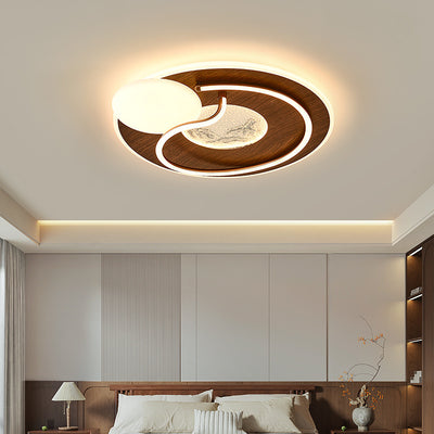Traditional Chinese Round Rectangular Landscape Painting Iron Acrylic LED Flush Mount Ceiling Light For Bedroom