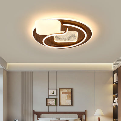 Traditional Chinese Round Rectangular Landscape Painting Iron Acrylic LED Flush Mount Ceiling Light For Bedroom