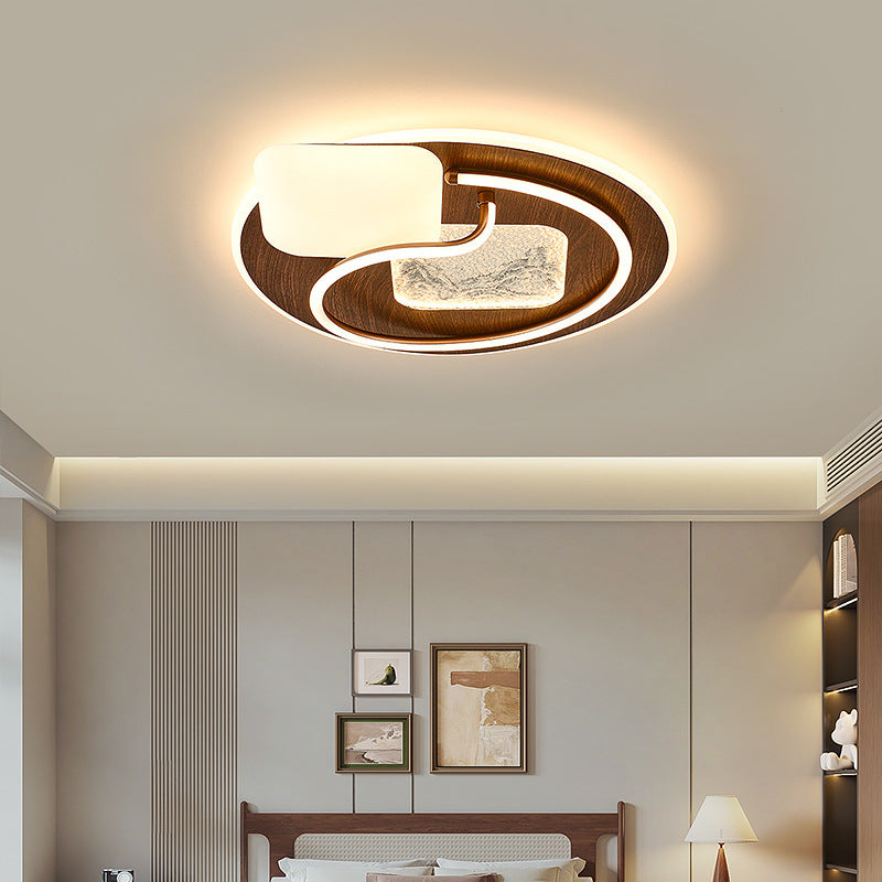Traditional Chinese Round Rectangular Landscape Painting Iron Acrylic LED Flush Mount Ceiling Light For Bedroom