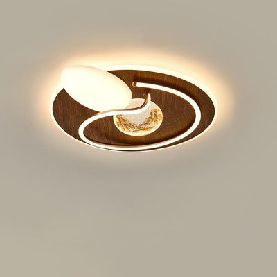 Traditional Chinese Round Rectangular Landscape Painting Iron Acrylic LED Flush Mount Ceiling Light For Bedroom