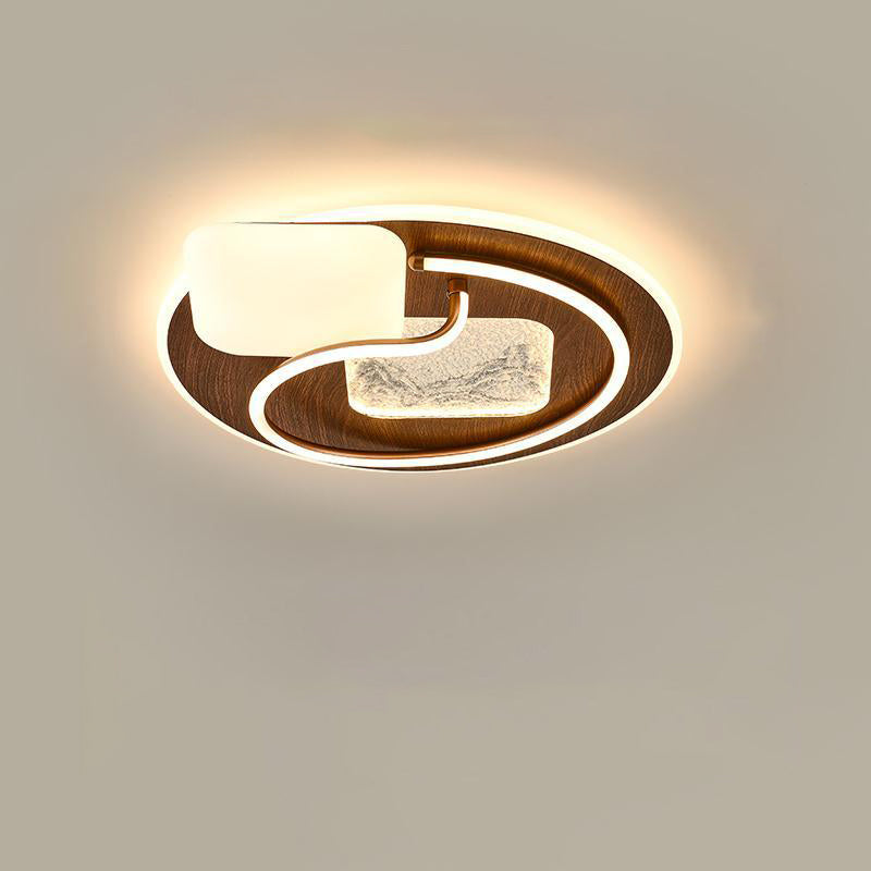 Traditional Chinese Round Rectangular Landscape Painting Iron Acrylic LED Flush Mount Ceiling Light For Bedroom