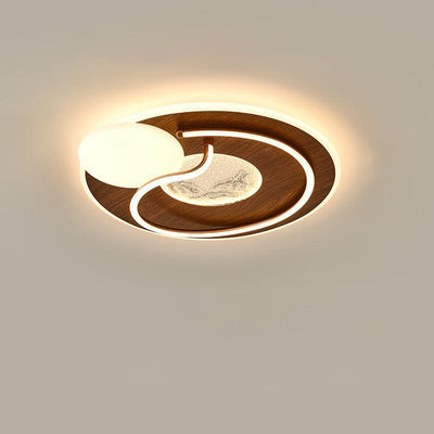 Traditional Chinese Round Rectangular Landscape Painting Iron Acrylic LED Flush Mount Ceiling Light For Bedroom