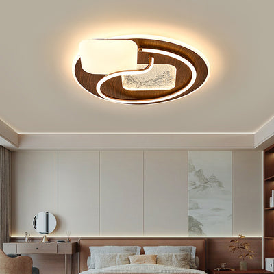 Traditional Chinese Round Rectangular Landscape Painting Iron Acrylic LED Flush Mount Ceiling Light For Bedroom