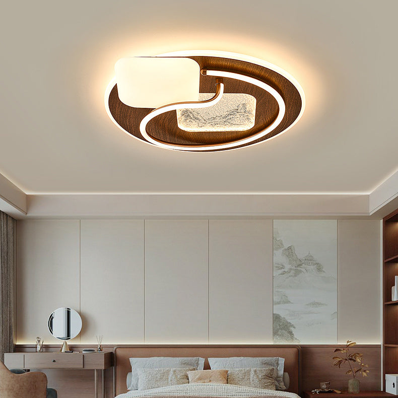 Traditional Chinese Round Rectangular Landscape Painting Iron Acrylic LED Flush Mount Ceiling Light For Bedroom