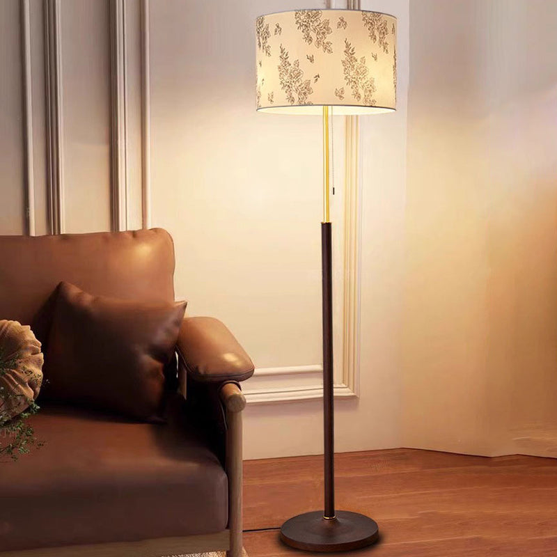 Traditional Japanese Cylindrical Round Iron White Wax Wood Fabric 3-Light Standing Floor Lamp For Living Room