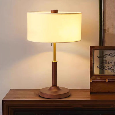 Traditional Japanese Cylindrical Round Iron White Wax Wood Fabric 2-Light Table Lamp For Bedroom