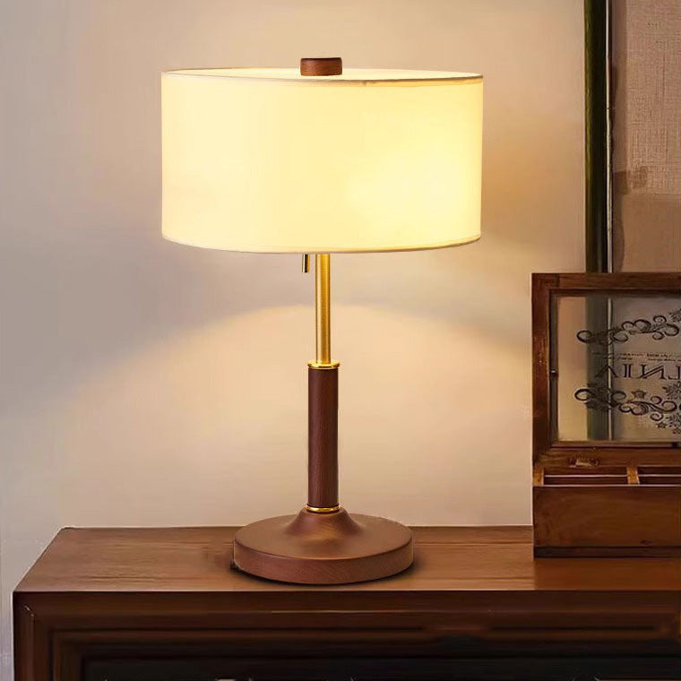Traditional Japanese Cylindrical Round Iron White Wax Wood Fabric 2-Light Table Lamp For Bedroom