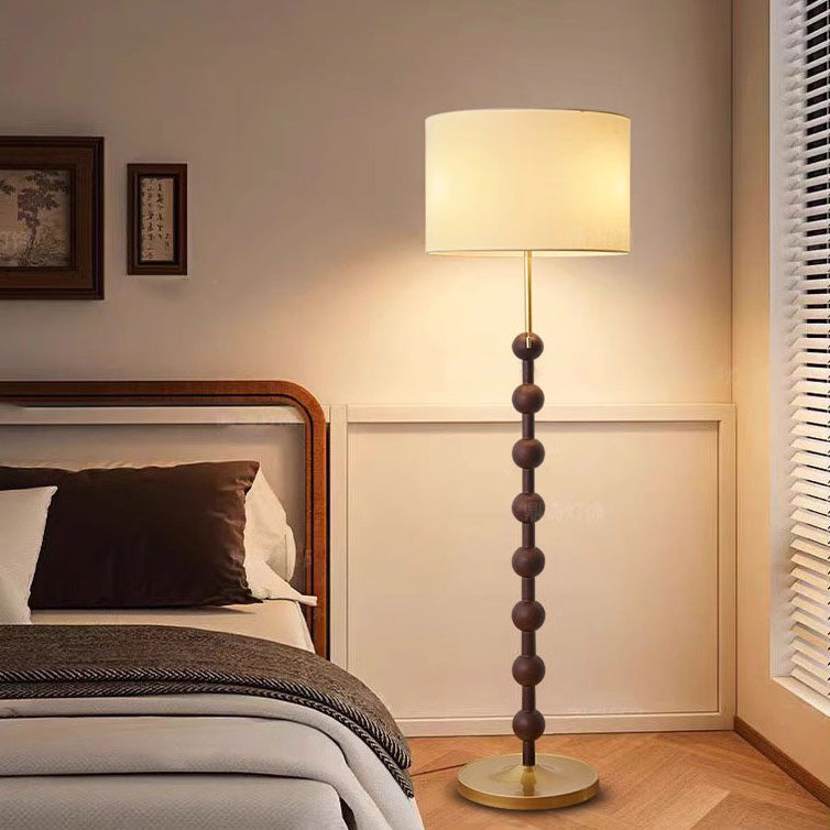 Traditional Japanese Cylindrical Round Iron White Wax Wood Fabric 3-Light Standing Floor Lamp For Living Room