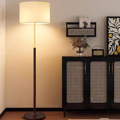 Traditional Japanese Cylindrical Round Iron White Wax Wood Fabric 3-Light Standing Floor Lamp For Living Room