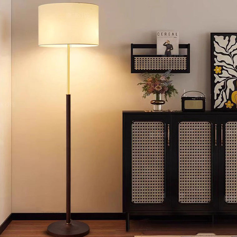 Traditional Japanese Cylindrical Round Iron White Wax Wood Fabric 3-Light Standing Floor Lamp For Living Room