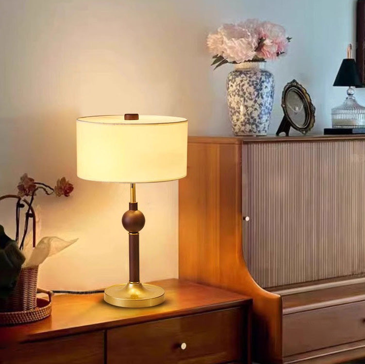 Traditional Japanese Cylindrical Round Iron White Wax Wood Fabric 2-Light Table Lamp For Bedroom