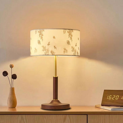 Traditional Japanese Cylindrical Round Iron White Wax Wood Fabric 2-Light Table Lamp For Bedroom