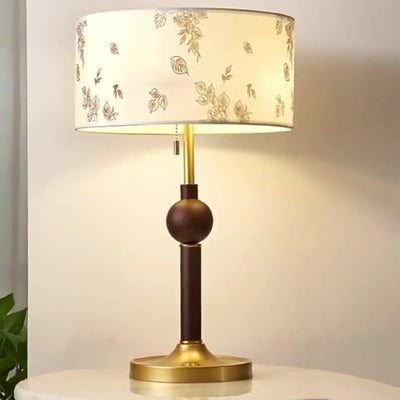 Traditional Japanese Cylindrical Round Iron White Wax Wood Fabric 2-Light Table Lamp For Bedroom