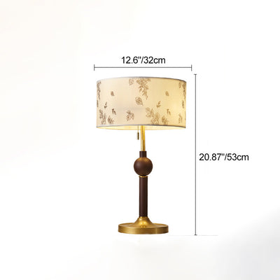 Traditional Japanese Cylindrical Round Iron White Wax Wood Fabric 2-Light Table Lamp For Bedroom