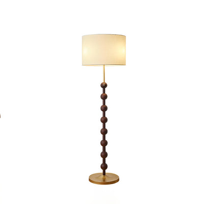 Traditional Japanese Cylindrical Round Iron White Wax Wood Fabric 3-Light Standing Floor Lamp For Living Room